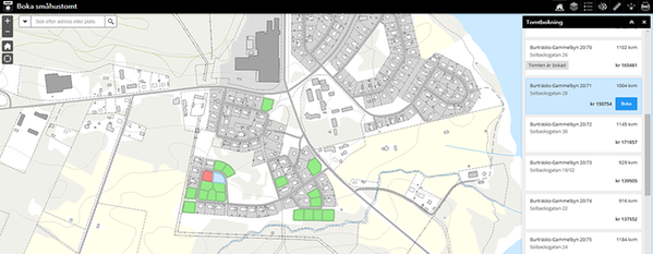 Bild på karta med röd- och grönmarkerade tomter. Gröna markeringar visar lediga tomter som är möjliga att boka